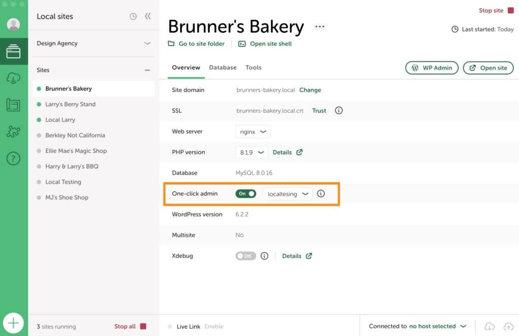 Local's one-click admin feature is turned on with an admin selected on the site Brunner's Bakery. This means when you will automatically be logged into this admin when you click the WP-Admin button. 