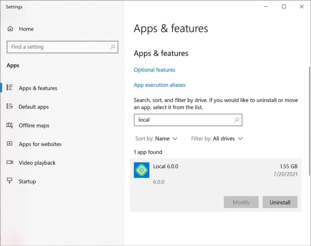 Screenshot of uninstalling the Local app.