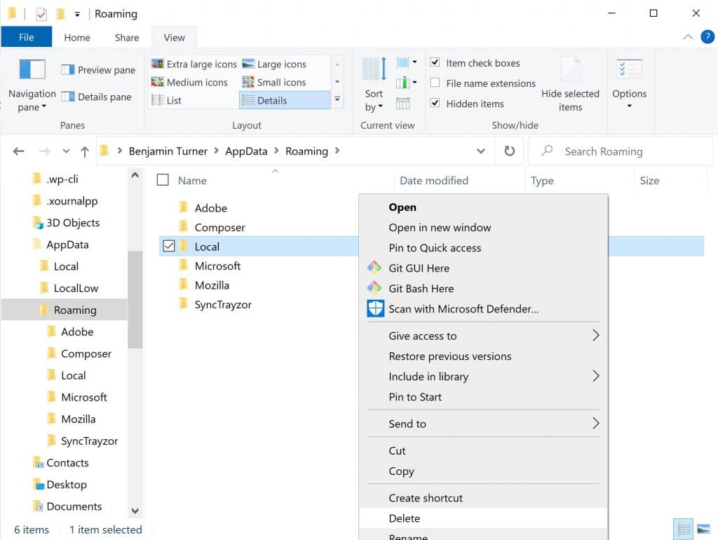 Screenshot of manually deleting the Local configuration folder.