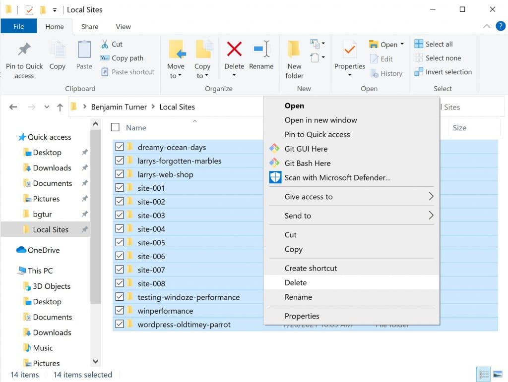Screenshot of manually removing the WordPress sites using the File Explorer.