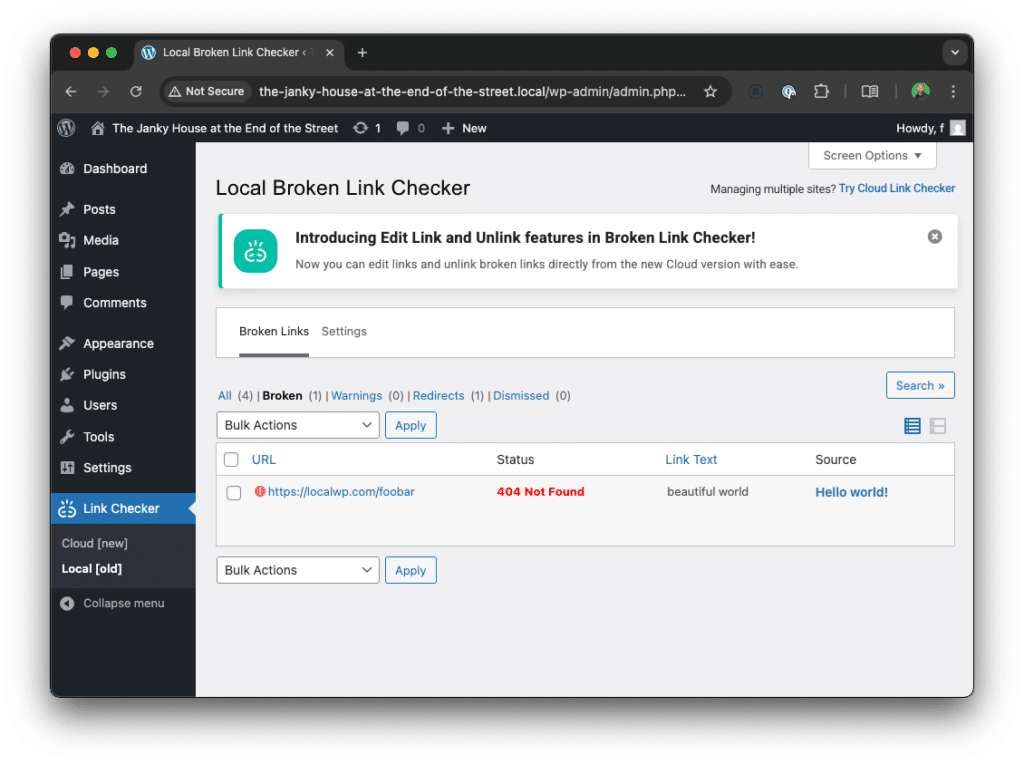 A screenshot of using Broken Link Checker's "Local" setting to scan a site in Local for broken links.