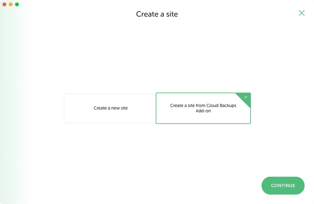 Selecting the Create a site from Cloud Backups Add-on during new site creation.