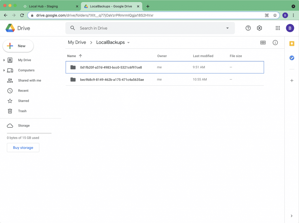 A screenshot of the LocalBackups folder within Google Drive showing two restic repos.