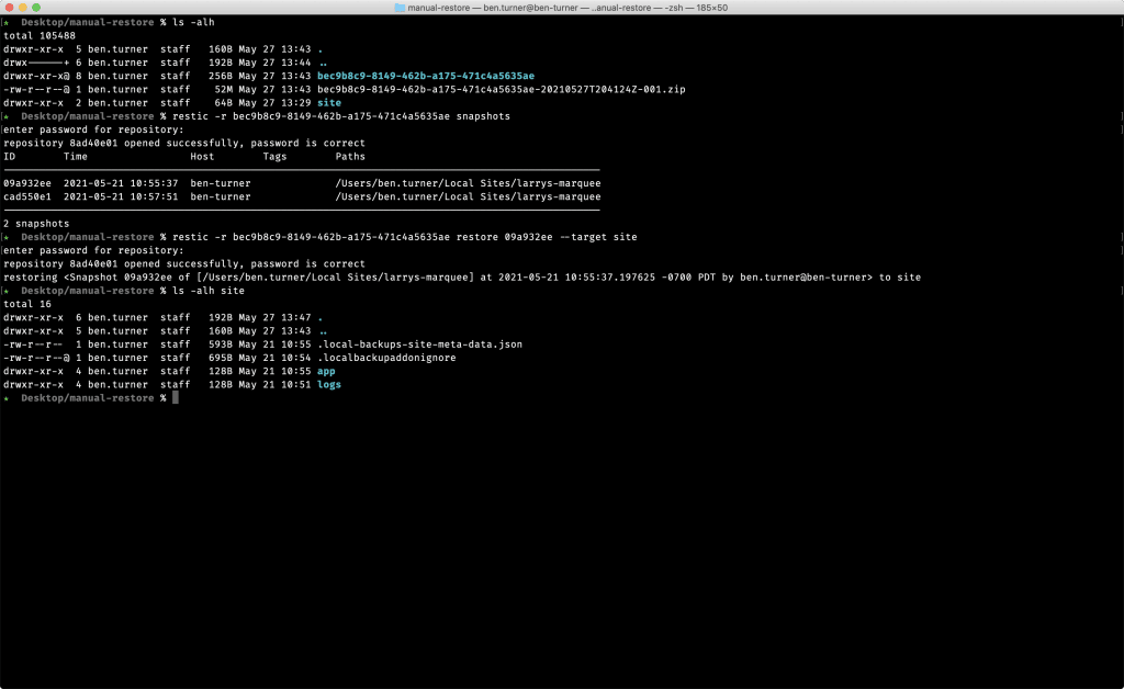 Snapshot showing a terminal to view snapshots in a restic repo and restore an individual snapshot.
