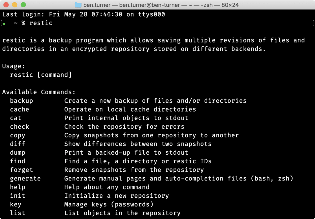 Screenshot of a terminal window after executing the restic command.