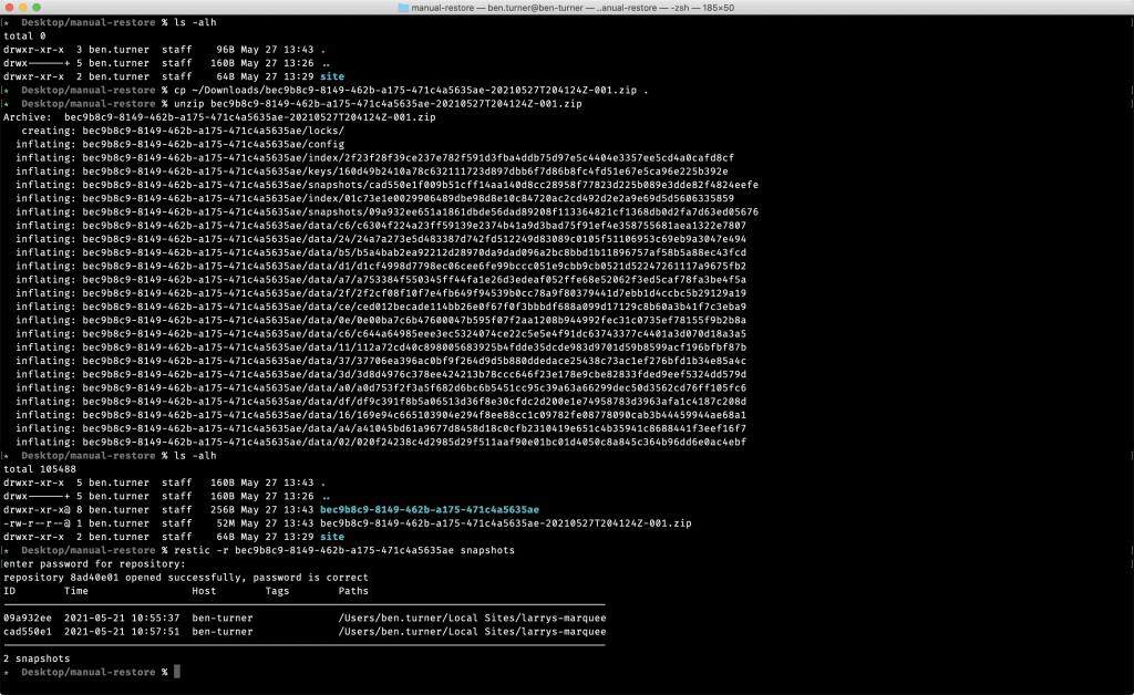 Screenshot of a terminal used to unzip a restic repo and view the snapshots within the repo.