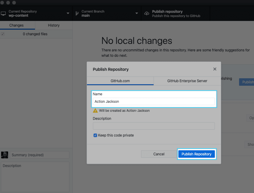 Name and publish your repository in GitHub Desktop