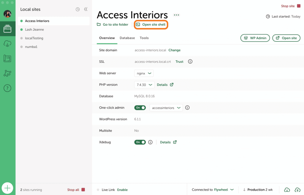 Open site shell to use WP-CLI on your site.