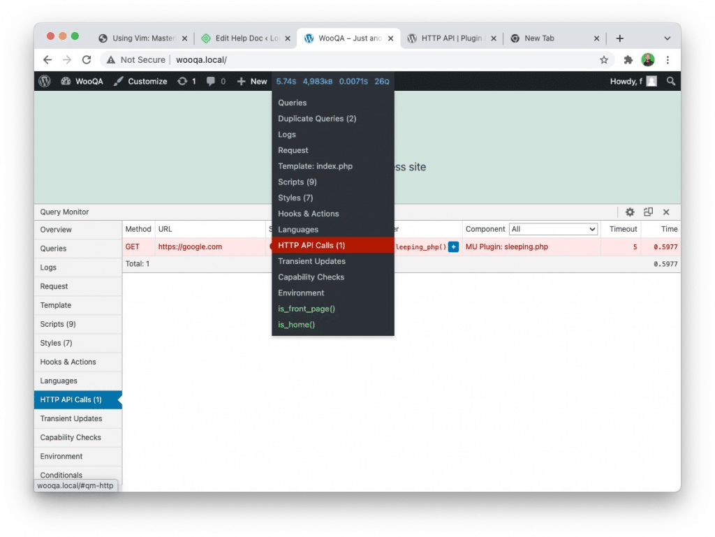 Screenshot of the WordPress admin when using the Query Monitor plugin.