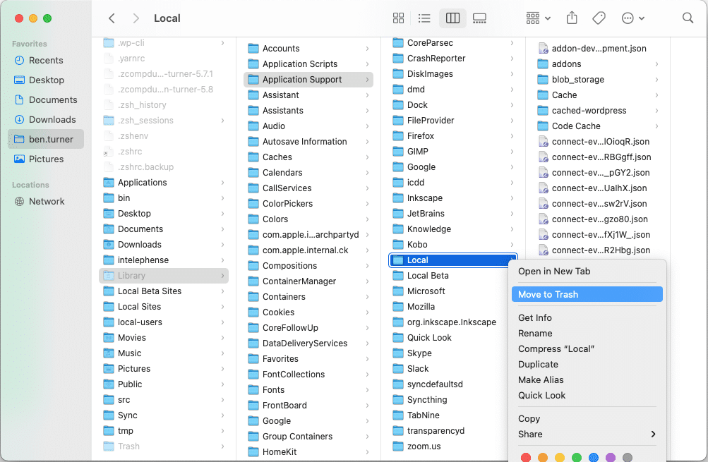 Screenshot of deleting Local's configuration folder.