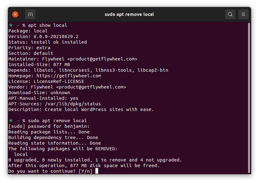 Screenshot showing how to uninstall the Local app using apt.