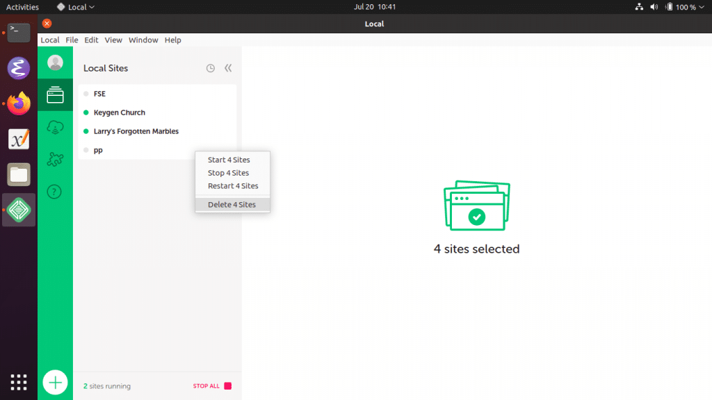 Screenshot of removing WordPress sites from Local.