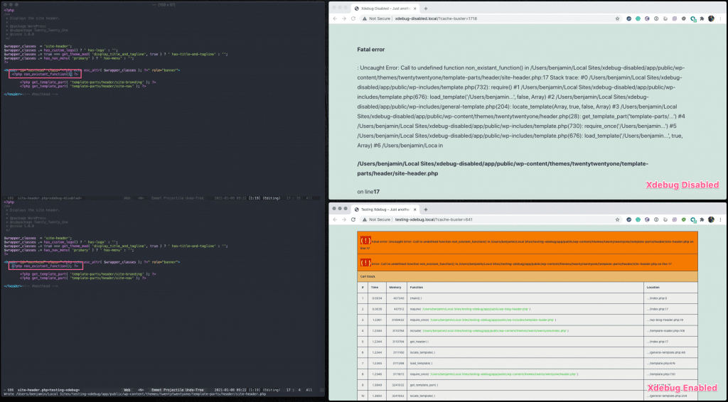 A screenshot showing the difference in PHP messages between having Xdebug enabled and having Xdebug disabled.